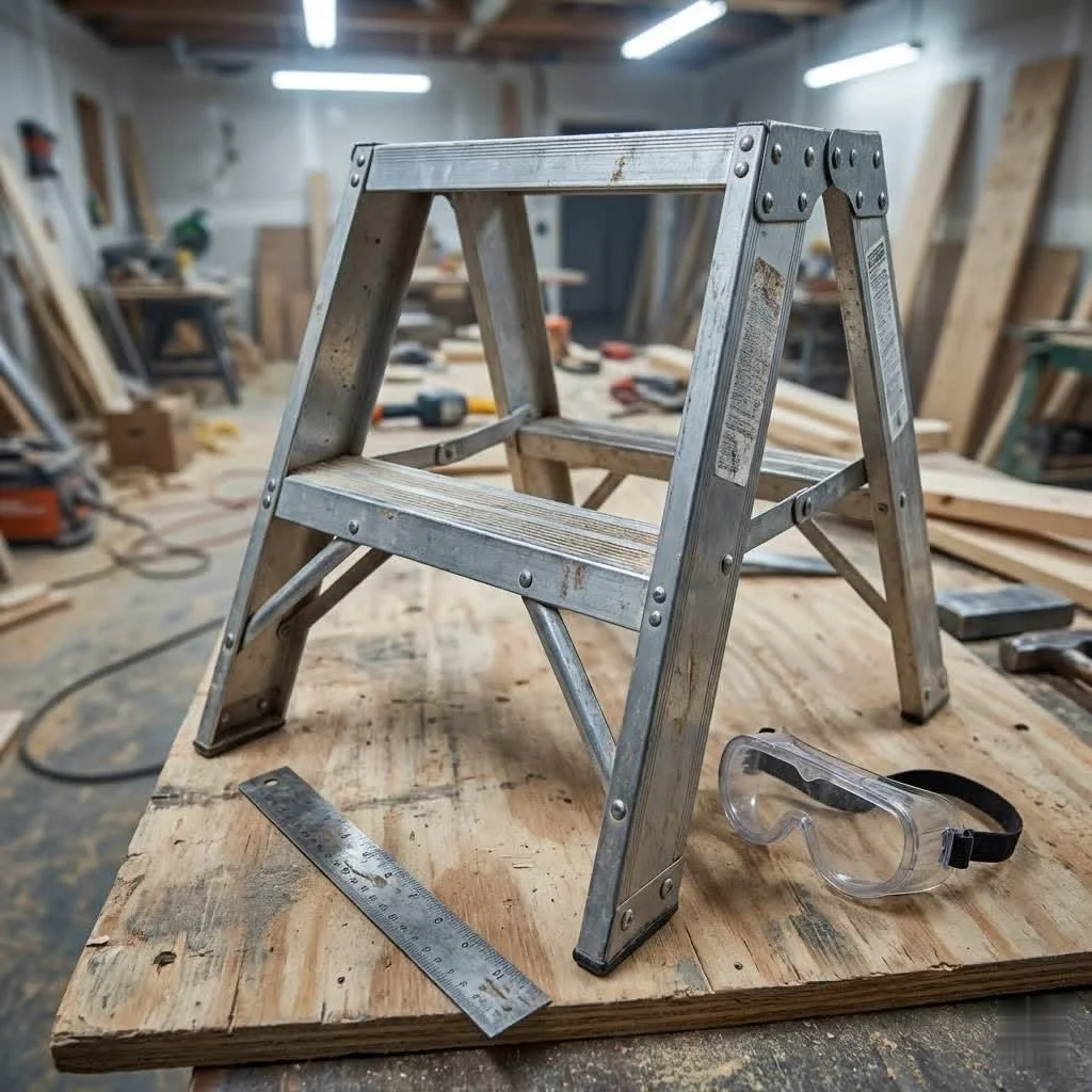 Person safely using a 6 ft step ladder to reach a high shelf