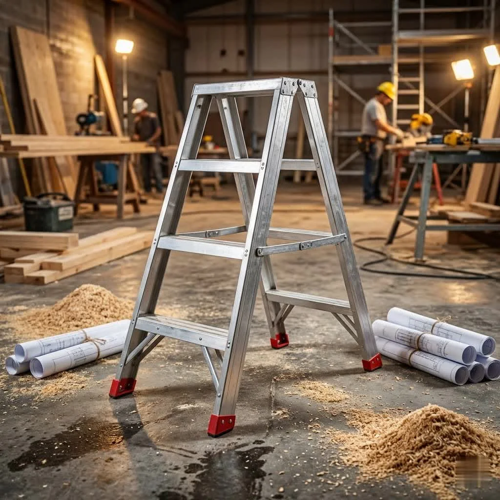 Person safely using a three-step ladder to reach a high shelf