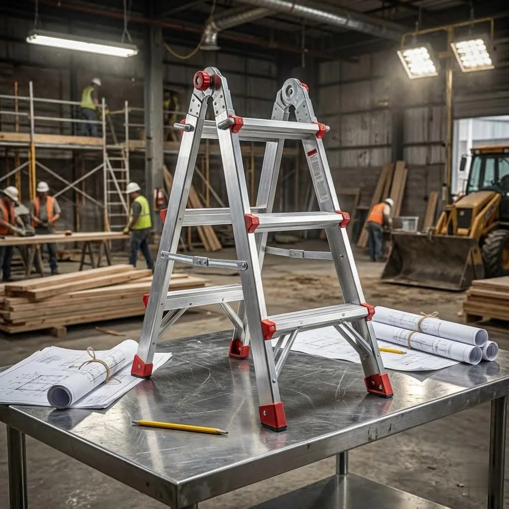 Person standing on a 5-step step ladder reaching for a high shelf