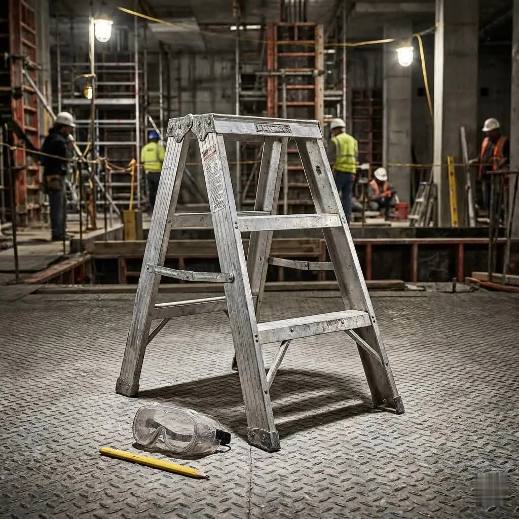 A person safely using a 3-step step ladder to reach a high shelf