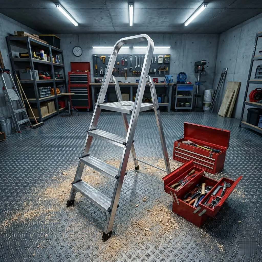 Person safely using a step ladder to reach a high shelf