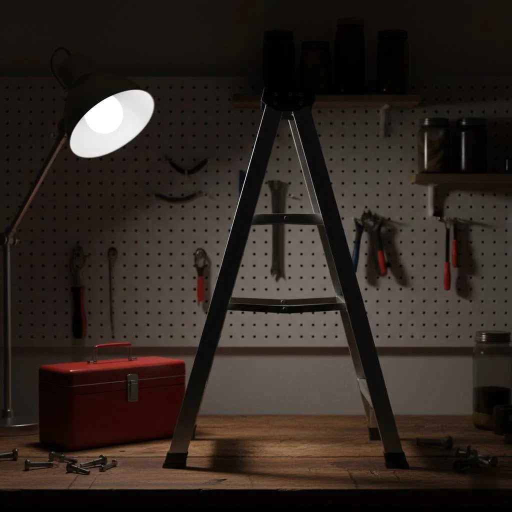 Person using a fold away step ladder to reach a high shelf