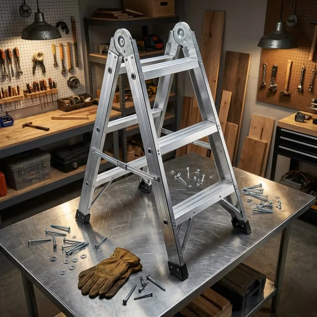 Person safely using a step ladder to reach a high shelf