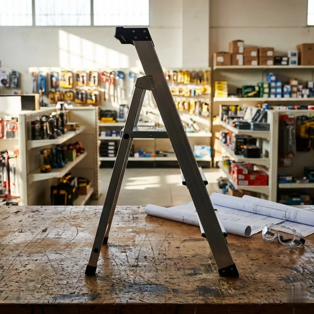 Person standing on a 6-step step ladder reaching a high shelf